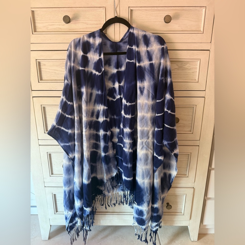 White & Blue Tie Dye Open Front Beach Kimono Swimsuit Cover up with fringe